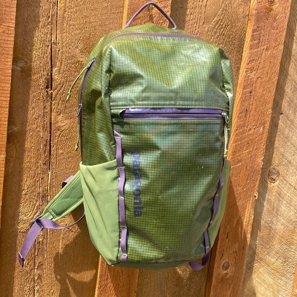 Patagonia black hole backpack purple and green worn wear